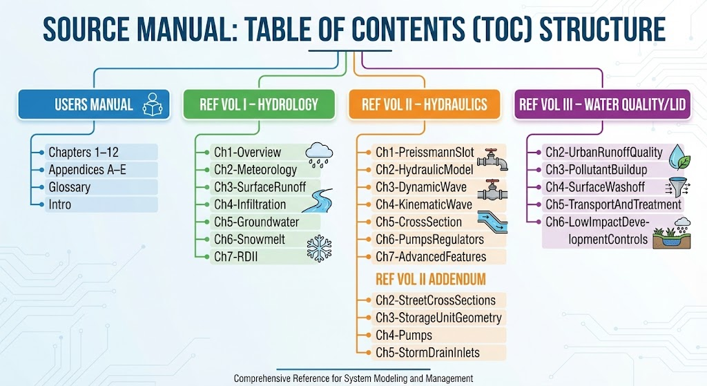Source Manual TOC Structure — 5 SWMM manuals mapped to 53 chapters